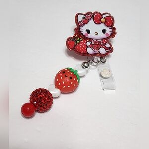 Strawberry Badge Reel Kitty  Beaded Badge Clip ID Holder Cat‎ Red